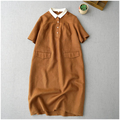 Ele Contrast Color Collar Linen ort Sve irt Dr Women's Summer New Artistic Versatile Midi Dr Comfortable A-L...