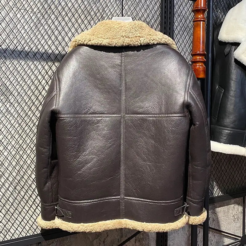 Designer Clothes Men Genuine Leather Coat Natural Sheepskin Shearling Jacket for Male Pilot Outfit Wool Liner Brown 60 62 64 66