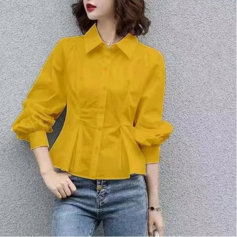 Fashion Simplicity Trend Temperament Spring New Women’s Slim Waist Button Shirt Long Sleeve Pure Color Chic Design Shir Tops