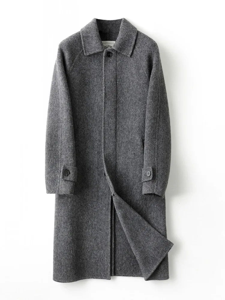High Quality Men Double Face Wool Coat Business Casual Work Autumn Winter Warm Real Sheep Fur Long Coats Windbreaker Trench Grey