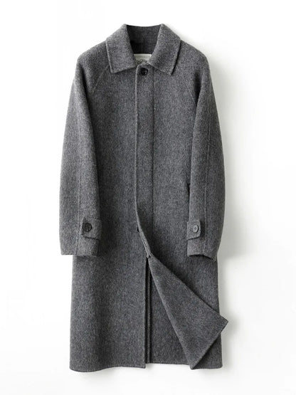 High Quality Men Double Face Wool Coat Business Casual Work Autumn Winter Warm Real Sheep Fur Long Coats Windbreaker Trench Grey