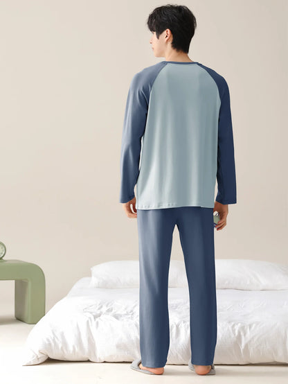 Men's 100% cotton long sleeved four season plus size men's sleepwear, teenage pure cotton home suit set for warmth