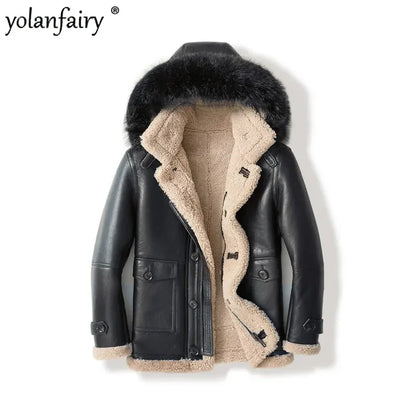 YOLANFAIRY Original Natural Sheepskin Leather Fur Coat Men Midium Hooded Genuine Leather Jacket Men Winter Real Jacket FCY4018