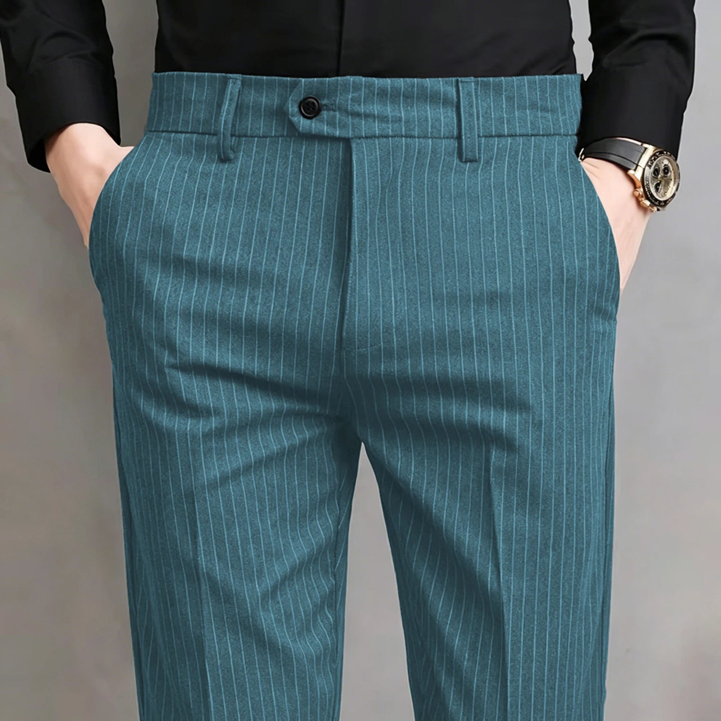 Pinstripe Pattern Suit Pants for Man Formal Dress Slim Fit Pants Elastic Waist Summer Thin Casual Trousers Male Business Wedding