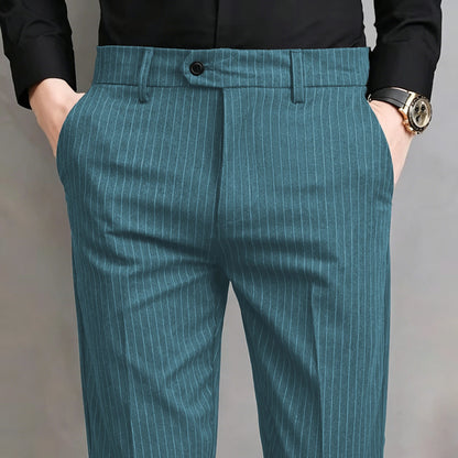 Pinstripe Pattern Suit Pants for Man Formal Dress Slim Fit Pants Elastic Waist Summer Thin Casual Trousers Male Business Wedding