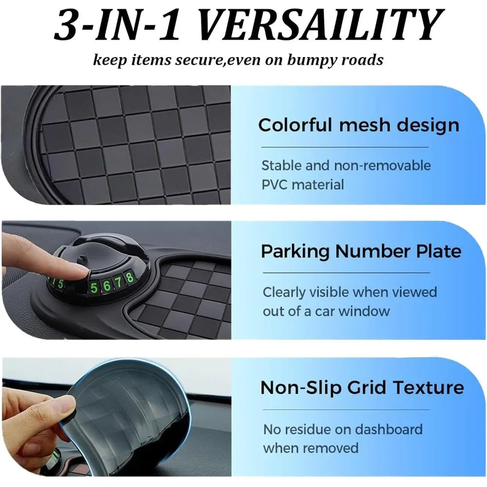 Car Anti-Slip Mat, Rotatable Anti Skid Car Dashboard Pad with Temporary Parking Numbe, Car Anti Slip Mat Phone Holder