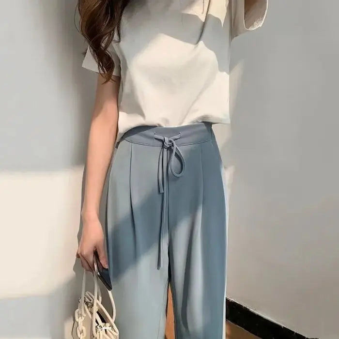Ice Silk High Waist Wide Leg Pants Women Summer Loose Thin Straight Casual Trousers Korean Style Polyester Fiber Skin-friendl...