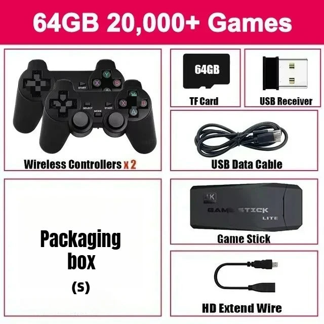 Retro Video Game Console 4K Game Stick TV HD Built-in 20000+ Games 64G Retro Handheld Game Player Wireless Controller Gamepad