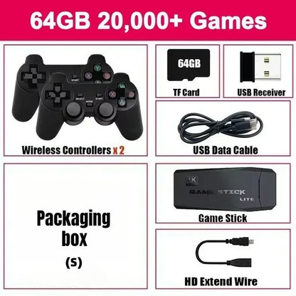 Retro Video Game Console 4K Game Stick TV HD Built-in 20000+ Games 64G Retro Handheld Game Player Wireless Controller Gamepad