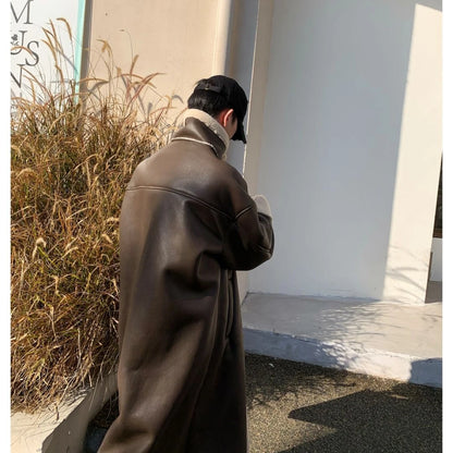 Luxury Brand Trend Winter Warmth Men Leather Trench Coat Fur Lined Long Overcoat Thick Single-Breasted Faux Fur PU Leather Coat