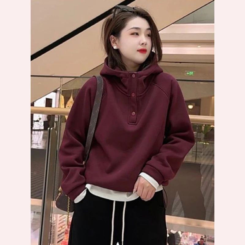New Women's Hooded Sweatshirt Fleece Lined Thickened Warm Casual Loose Lazy Style Top for Winter Fashion Small Stature