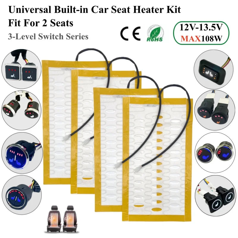 Universal Built-In Car Seat Heater Kit Fit 2 Seats,108W Alloy Wire Heating Pads 3-Level Dual Control Switch with Wiring Harness