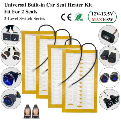 Universal Built-In Car Seat Heater Kit Fit 2 Seats,108W Alloy Wire Heating Pads 3-Level Dual Control Switch with Wiring Harness