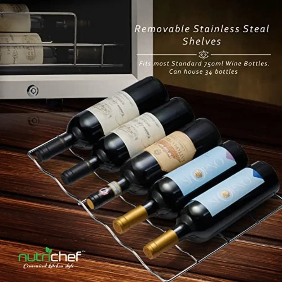 Home office wine cooler: stainless steel, black, 34-bottle capacity, single-zone with adjustable 41F64F temperature control and