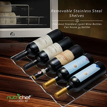 Home office wine cooler: stainless steel, black, 34-bottle capacity, single-zone with adjustable 41F64F temperature control and