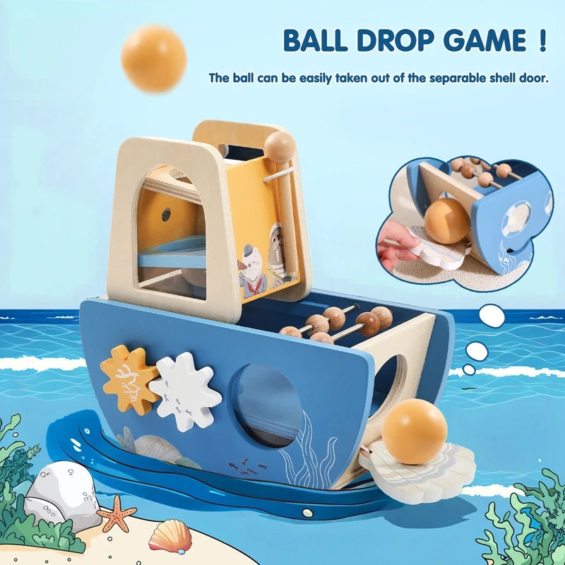 Baby Wooden Montessori Toys Cartoon Wooden Ship Multi-function Game Music Percussion Toy Sensory Educational Toys For  Newborns