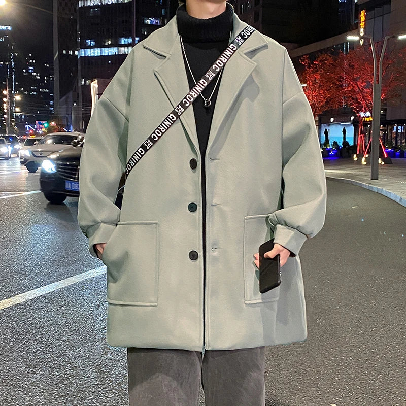 Men's Woolen Coat Autumn Winter Thickened Korean Style Middle-Length Fashionable Jacket Single-Button Pure Color Casual Coat