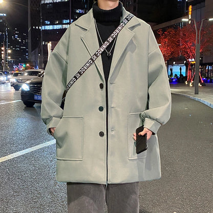 Men's Woolen Coat Autumn Winter Thickened Korean Style Middle-Length Fashionable Jacket Single-Button Pure Color Casual Coat