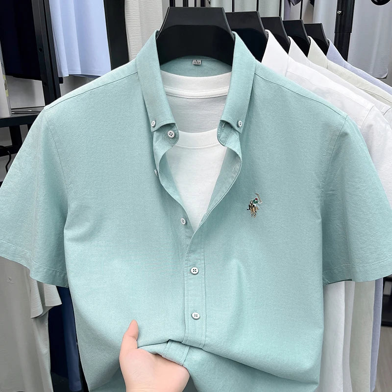 High-end Embroidered Summer 100% Cotton Short-sleeve Shirt for Men, Embroidered Youth Shirt, Business Casual Half-sleeve