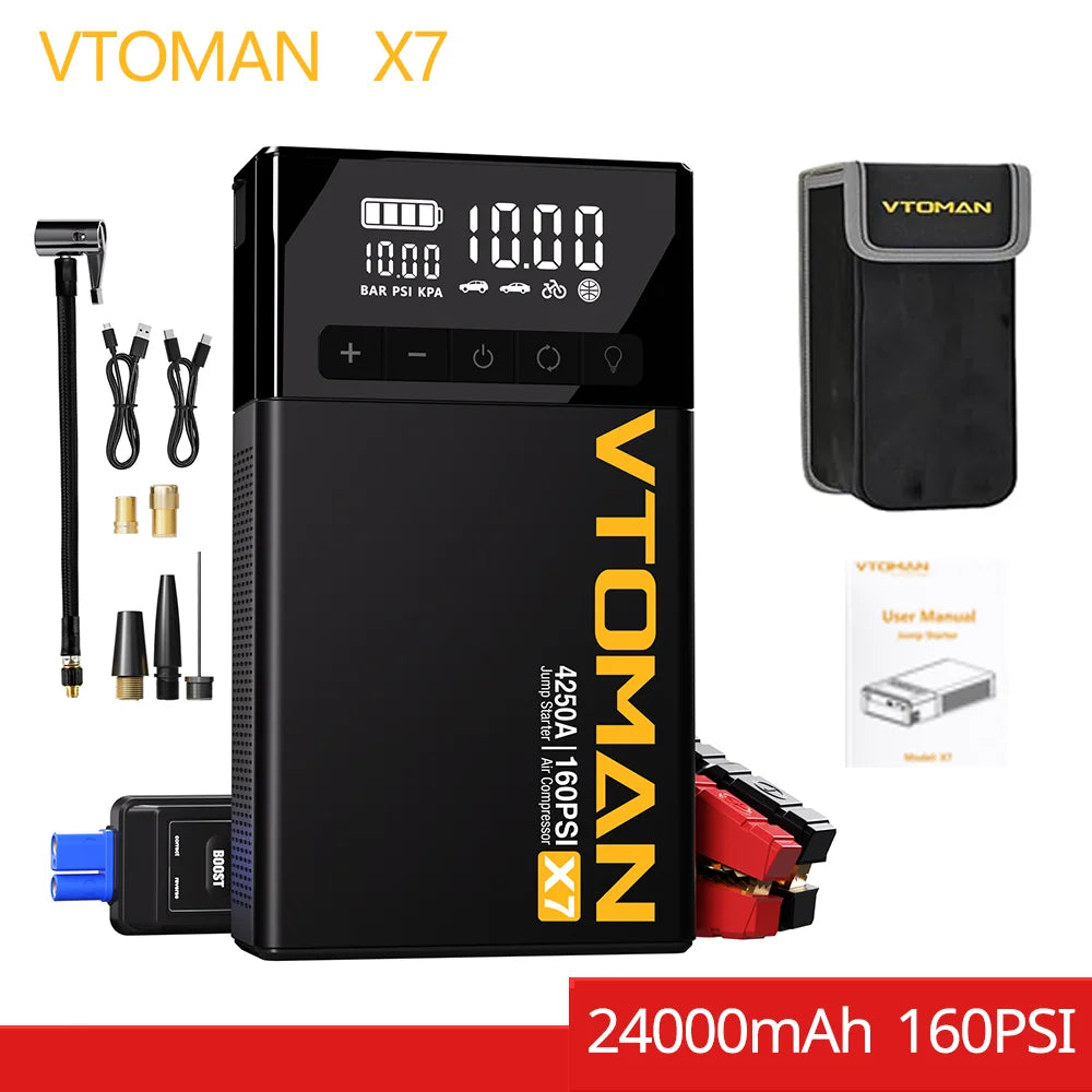 VTOMAN X7 Car Jump Starter 4250A Car Power Bank 4 In 1 with Air Compressor Car Starter Booster for 12V 10L Gas/Diesel