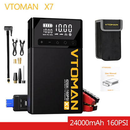VTOMAN X7 Car Jump Starter 4250A Car Power Bank 4 In 1 with Air Compressor Car Starter Booster for 12V 10L Gas/Diesel