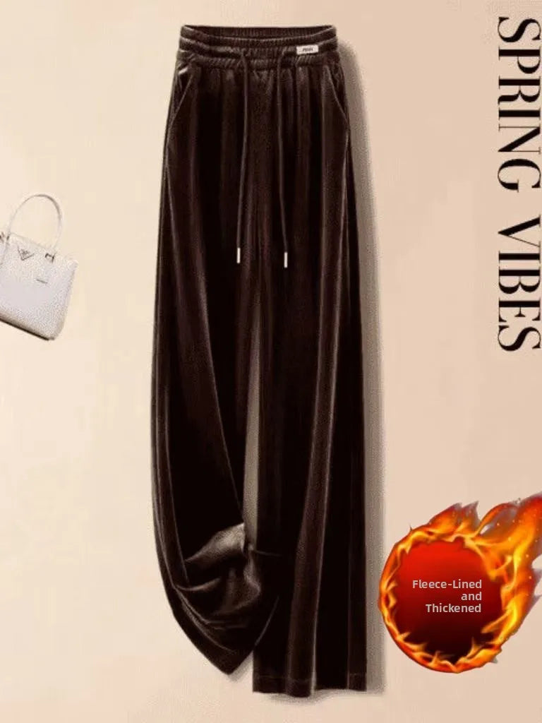 Fashionable Gold Velvet Wide Leg Pants Women's Winter Loose Slimming High Waist Fleece Casual Straight Long Trousers