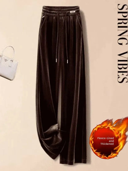 Fashionable Gold Velvet Wide Leg Pants Women's Winter Loose Slimming High Waist Fleece Casual Straight Long Trousers