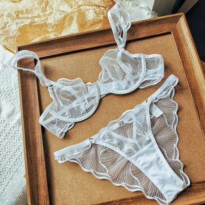2 Pieces Summer Ultra Thin Breathable Women Underwear Sexy Lace Bra French Mesh Temptation Intimates Lingerie and Briefs Sets
