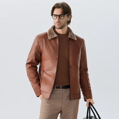 Men's Premium Faux Fur-Lined Leather Jacket - Black Winter Coat Thickened Warm Lining Business Casual Style M-7XL