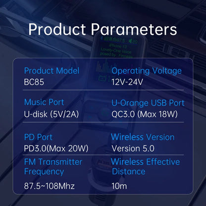 Bluetooth 5.0 FM Transmitter Handsfree Car MP3 Player QC3.0 PD24W Dual USB Quick Charger Colorful Ambient Light Car Accessories