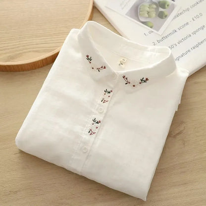 Elegant Embroidered Flower Doll Collar Double Layer Cotton Baby White Shirt Women Long Sleeve Base Shirt Trendy Commute Style...