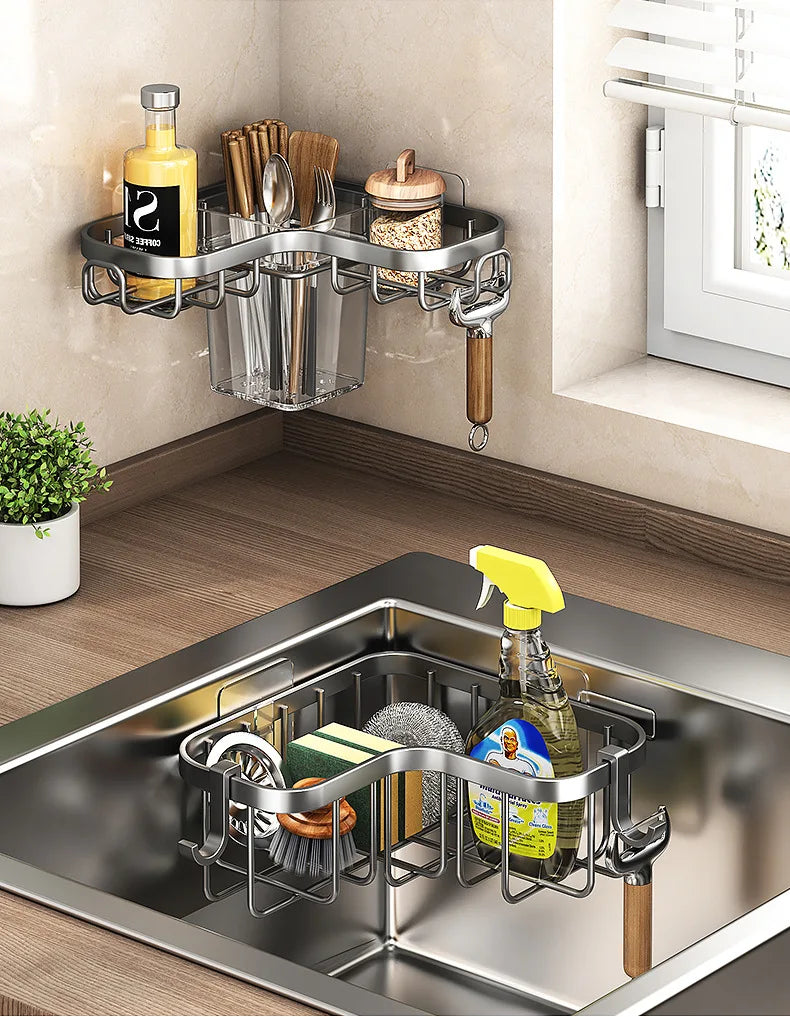 Kitchen Carbon Steel Sink Drain Rack No-Punching Wall Mounted Corner Dishcloth Storage Rack Waterproof Space Saving