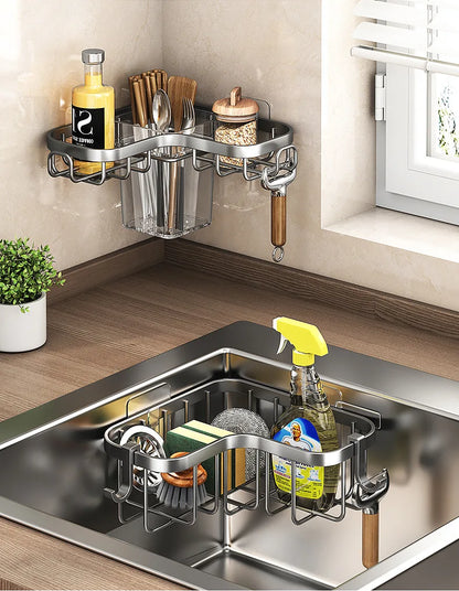 Kitchen Carbon Steel Sink Drain Rack No-Punching Wall Mounted Corner Dishcloth Storage Rack Waterproof Space Saving