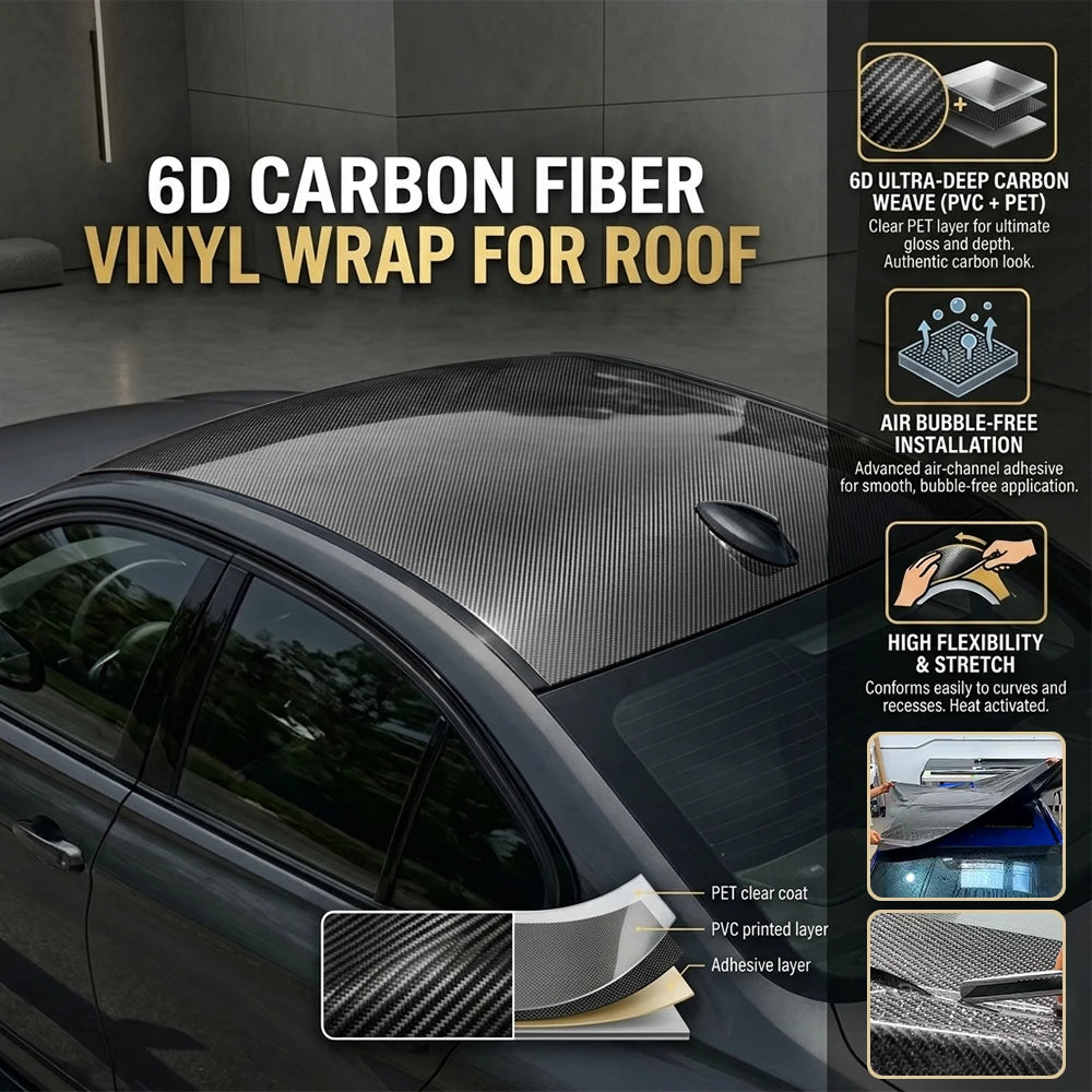 Glossy PET 6D Carbon Fiber Black Car Vinyl Wrap Film Self Adhesive Carbon Fiber Car Roof Color Change Decor Film Air Bubble Free