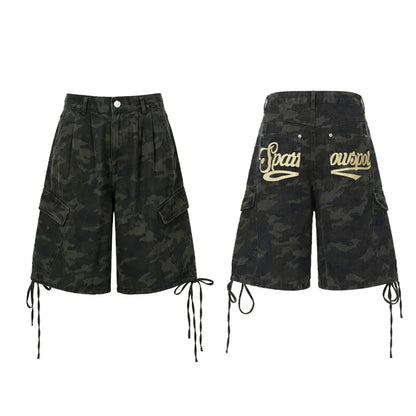 Men's Denim Shorts Cargo Shorts Drawstring Multi Pocket Camouflage Letter Print American Style Casual Summer Vintage Street