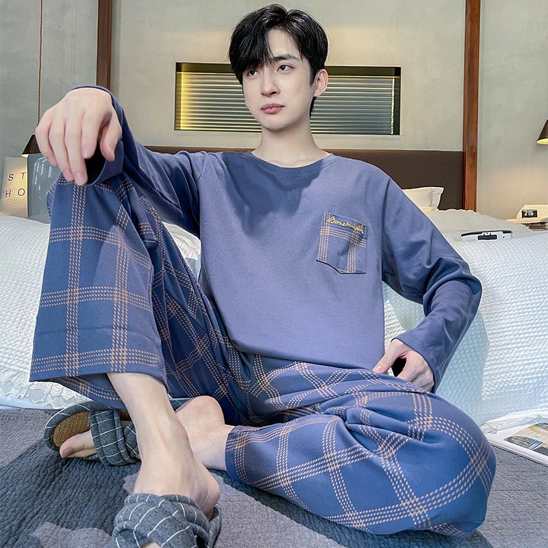Soft Cotton Pajamas Autumn Men's Plaid Sleepwear Big Yards L-4XL Pajama Sets Casual Sleep&Lounge Pyjamas Pijamas Hombre