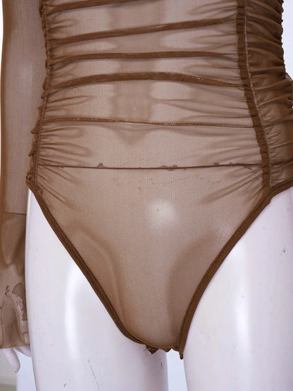 Womens Nightclub Beach Bodysuit Sheer Mesh Side Ruched High Collar Long Sleeve Button Crotch Leotard See Through Cover Up Outfit