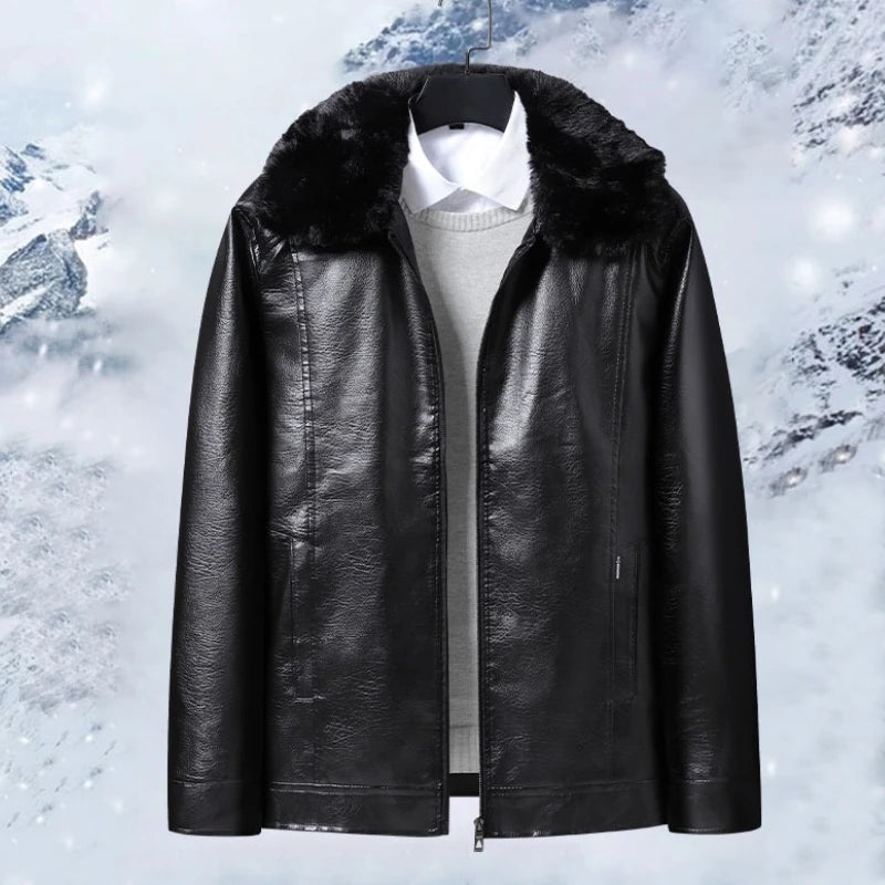 Fur Collar Men Faux Leather Jacket Winter Fleece Lined Biker Jackets Fashion Motorcycle Leather Coat Outwear Casual Streetwear