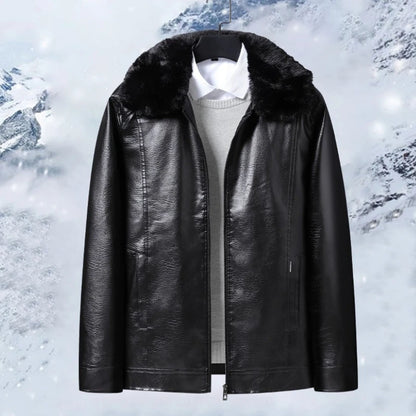 Fur Collar Men Faux Leather Jacket Winter Fleece Lined Biker Jackets Fashion Motorcycle Leather Coat Outwear Casual Streetwear