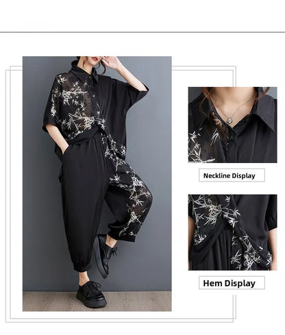 Summer New Loose Artistic Bamboo Print Cross Irregular irt Wide Leg Pants Two Piece Set Good Quali plus Size Faionable