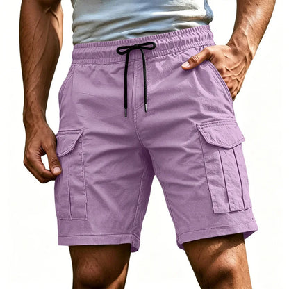 Men Solid Color Drawstring Cargo Shorts Elastic Waist Multi Pocket Loose Casual Summer Beach Short Pants