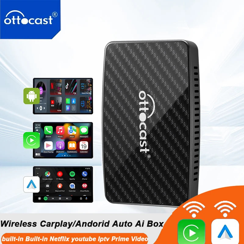 OTTOCAST Play2Video Pro Android Ai Box Pro Built in YouTube Netflix Tiktok IPTV Wired to Wireless CarPlay Car Accessories