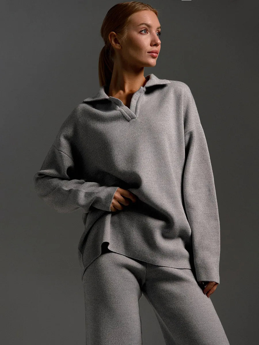 Bornladies Winter Thick Women Knitted Suits Soft 2 Pieces Sets Female Polo Neck Sweater & Wide Leg Pants Knitted Outfit