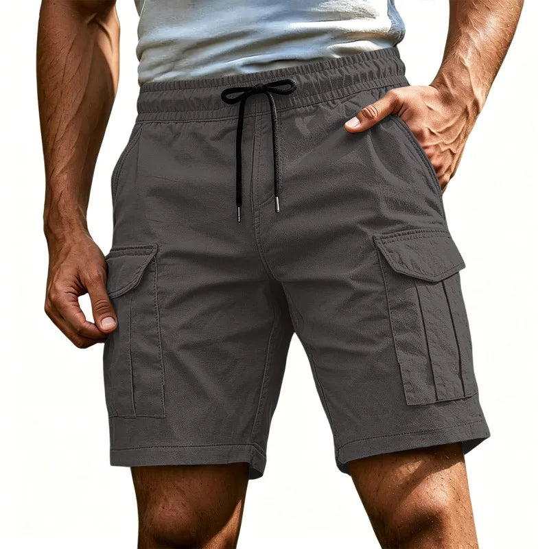 Men Solid Color Drawstring Cargo Shorts Elastic Waist Multi Pocket Loose Casual Summer Beach Short Pants