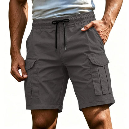 Men Solid Color Drawstring Cargo Shorts Elastic Waist Multi Pocket Loose Casual Summer Beach Short Pants