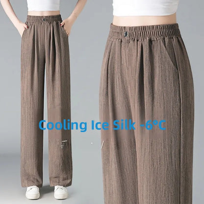 Ice Silk Slim Wide Leg Pants Women's Summer Drapey High Waist Straight Casual Lazy Floor Length Pants Cool Pants