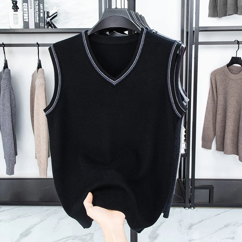 Autumn and Winter Solid Color Knitted V-neck Tank Top Men's Sleeveless Tank Top Warm Tank Top Middle Aged Shoulder Sweater