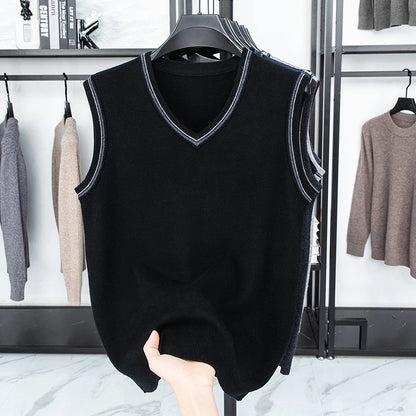 Autumn and Winter Solid Color Knitted V-neck Tank Top Men's Sleeveless Tank Top Warm Tank Top Middle Aged Shoulder Sweater