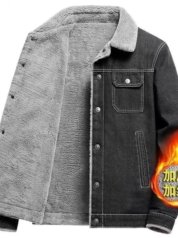 Men's Fleece Lined Thickened Denim Jacket Winter Casual Lapel Workwear Wear Resistant Leisure Coat Sheepskin Fur Vestibule