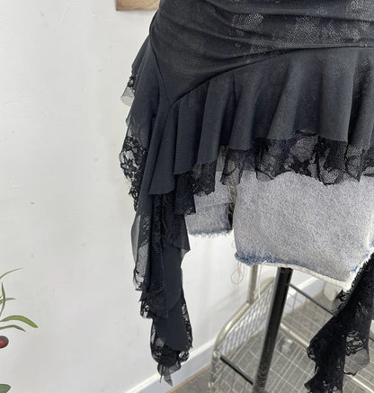 ISAROSE Summer Y2K Camisole for Women Casual Spaghetti Straps Double Layers Lace Stretch Mesh Patchwork Asymmetrical Slim Tops